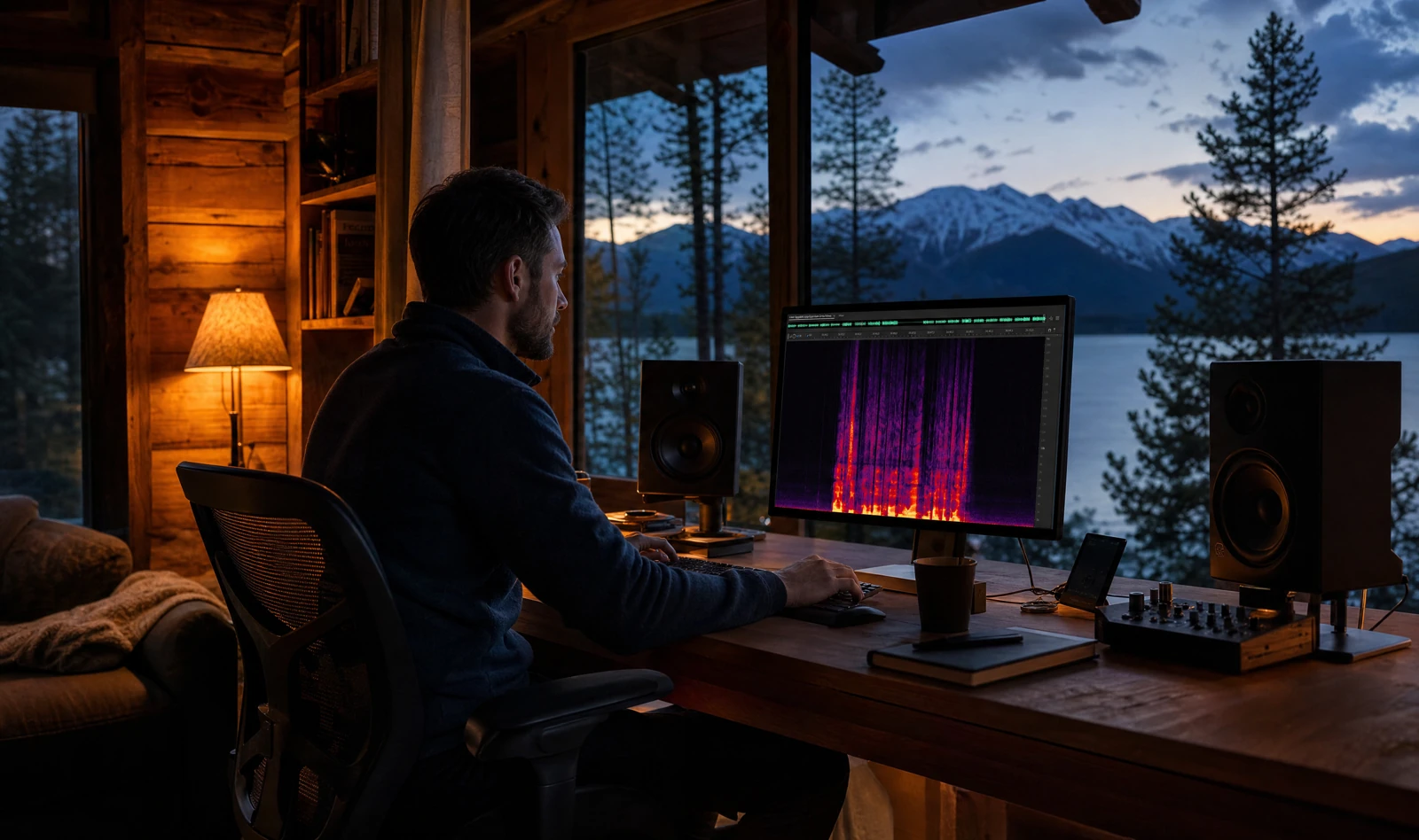 Audio engineer reviewing a spectrogram in a warm studio overlooking a mountain lake