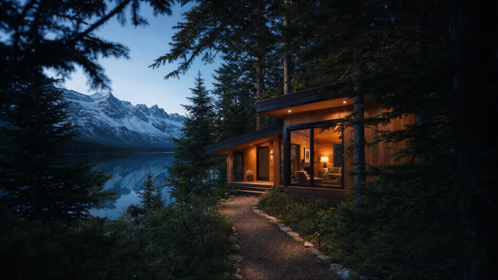 A warm studio among pine trees beside a mountain lake