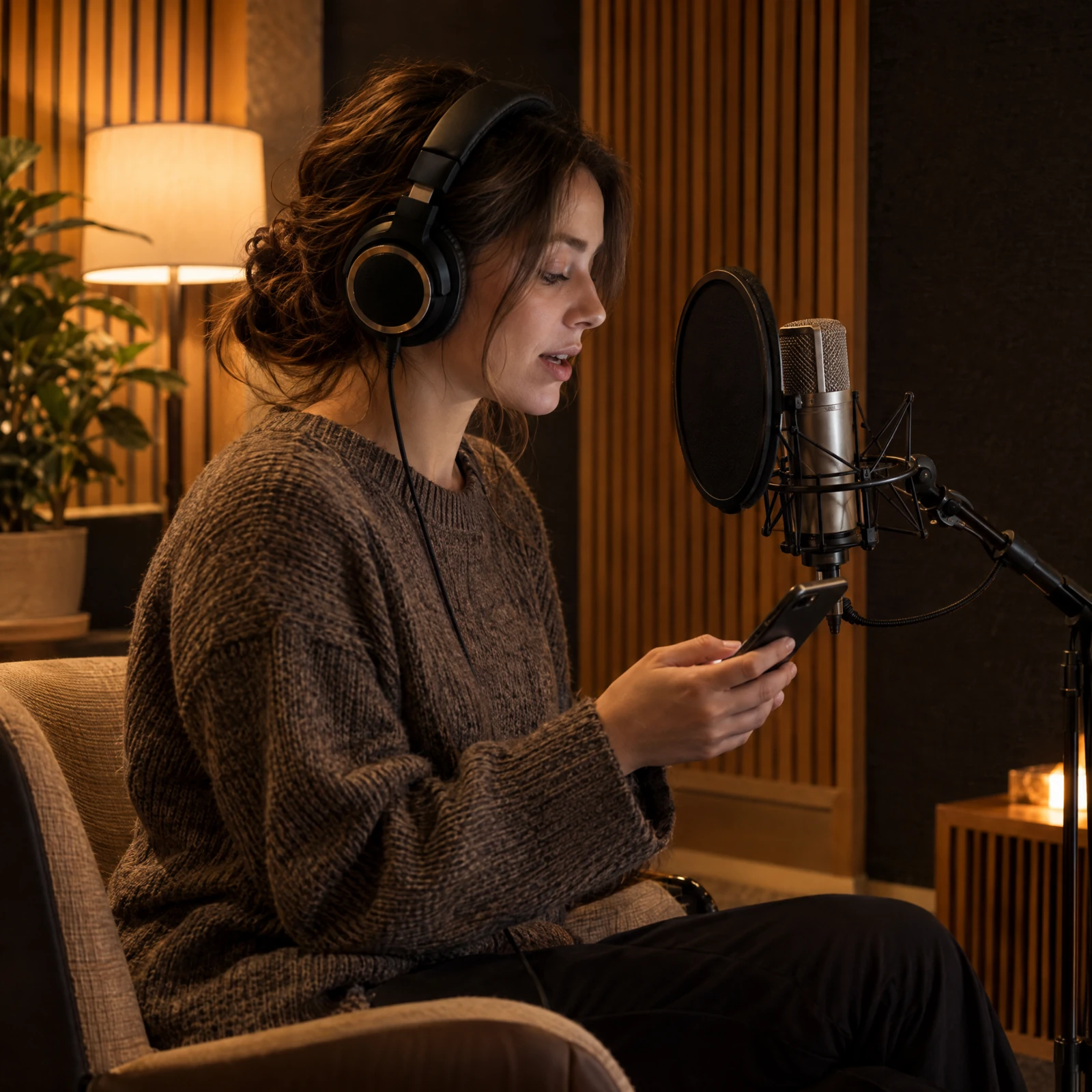 Participant wearing headphones and reading a speech prompt into a studio microphone